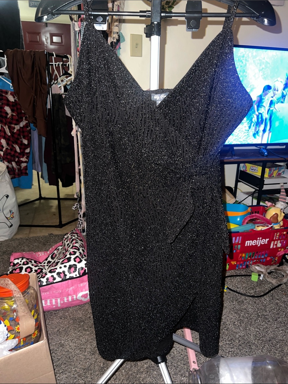 Lily Rose Black Sparkle V-Neck Mini Dress